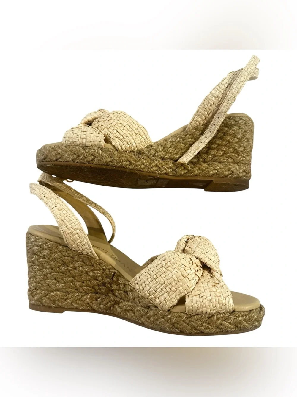 Stuart Weitzman Playa Woven Knotted Vamp Ankle Strap Wedge Espadrille Sandals